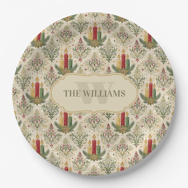 Weihnachtskerzen und Ornamente Monogramm Pappteller (Vorderseite)