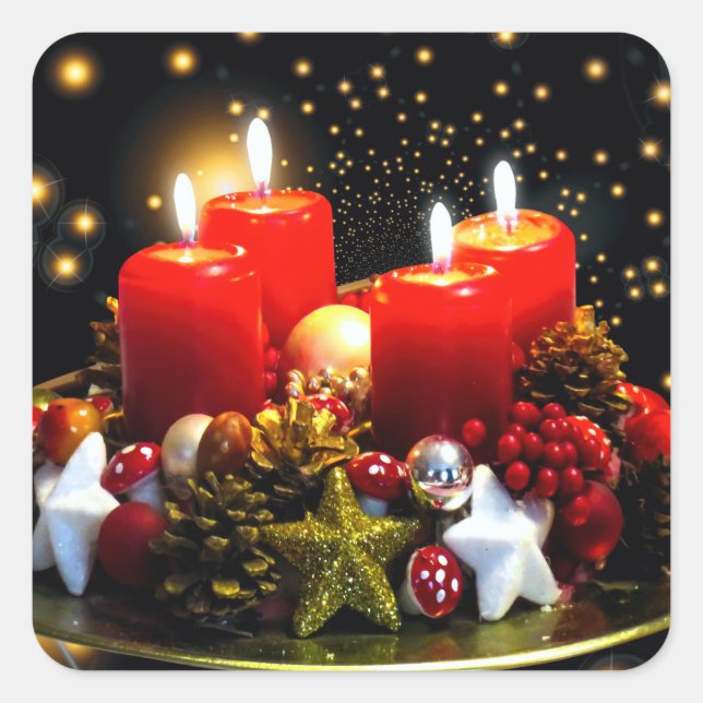 Weihnachtskerzendekor Quadratischer Aufkleber (Vorderseite)
