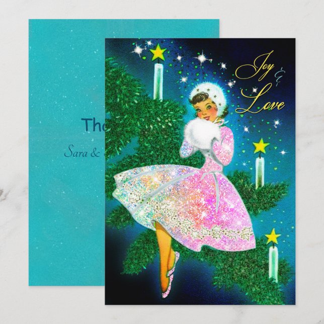 Weihnachtskerzenmädchen irisierender Glitzer Dankeskarte (Vorne/Hinten)