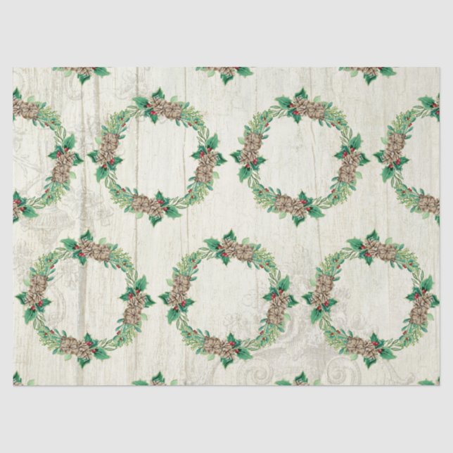 Weihnachtskiefer Cone Holly Rustic Barn Wood Seidenpapier (Vorderseite)