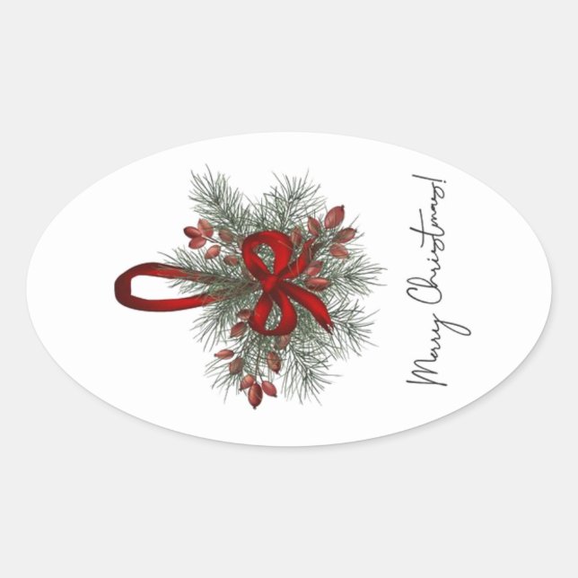 Weihnachtskiefer mit Rotem Bow Ovaler Aufkleber (Vorderseite)