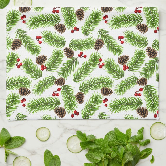 Weihnachtskiefer & rote Beeren Geschirrtuch (Gefaltet)