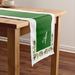 Weihnachtskiefer und Beeren-Aquarell-Monogramm Kurzer Tischläufer