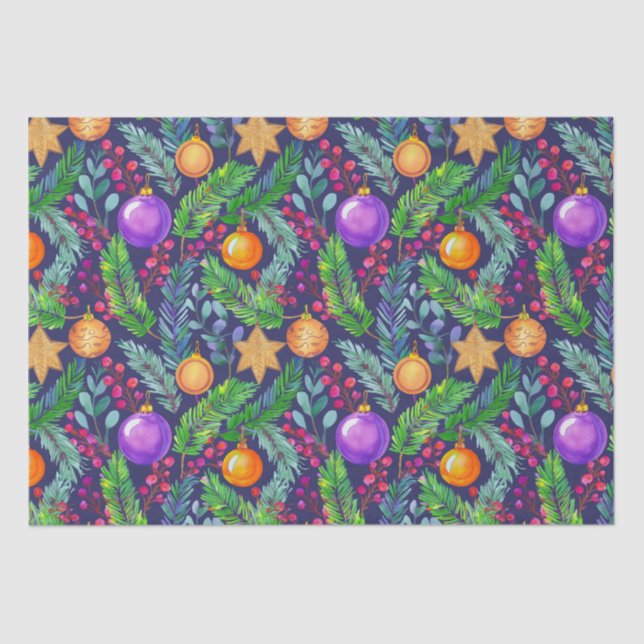 Weihnachtskiefer und -schmuck lila Muster Seidenpapier (Vorderseite)