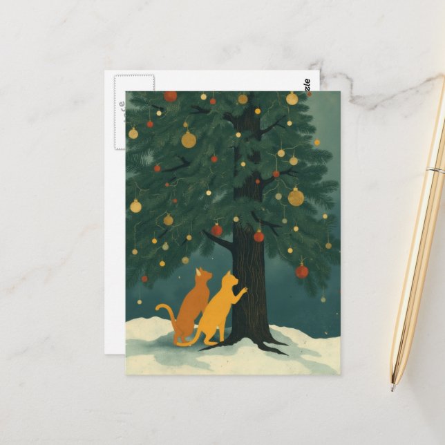 Weihnachtskiefer und zwei Ingwer-Kätzchen Postkarte (Vorderseite/Rückseite Beispiel)