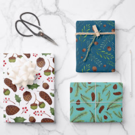 Weihnachtskiefern und -zweige Wasserfarbe Geschenkpapier Set