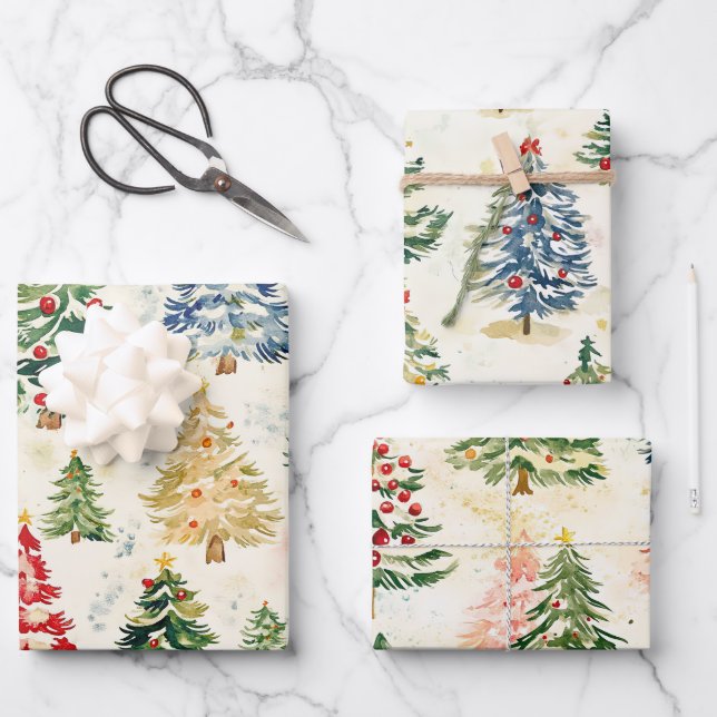 Weihnachtskiefernbäume farbiges Wrapping Paper She Geschenkpapier Set (Vorderseite)