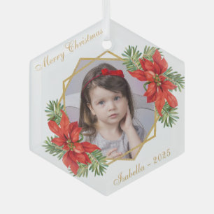 Weihnachtskind Foto Poinsettia Pine Gold Script Ornament Aus Glas