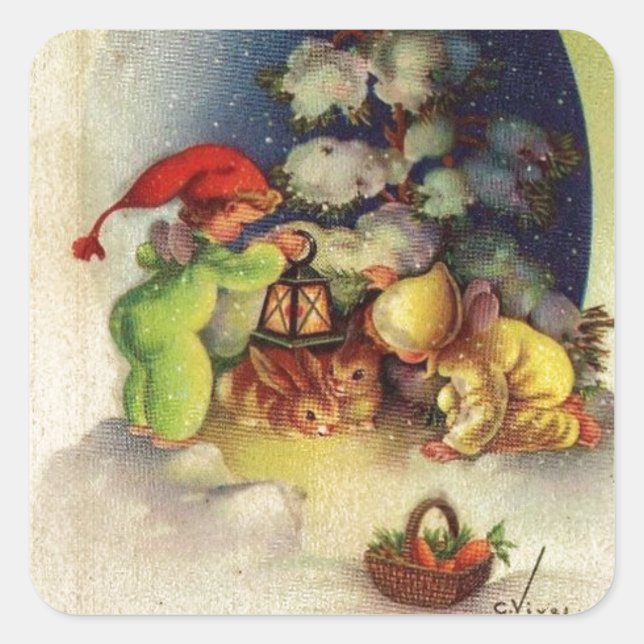 Weihnachtskinder Fütternd Bunnies Quadratischer Aufkleber (Vorderseite)