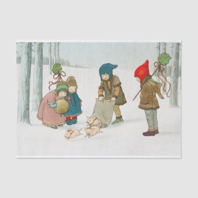 Weihnachtskinder in einem Winterwald Seidenpapier (Vorderseite)