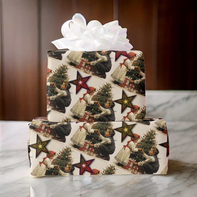 Weihnachtskinder mit Sternen und Bäumen Geschenkpapier (Von Creator hochgeladen)