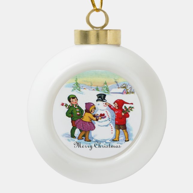 Weihnachtskinder, Schneemann Keramik Kugel-Ornament (Vorderseite)