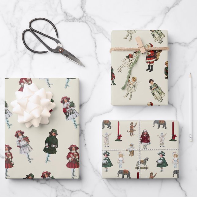 Weihnachtskinder und Spielzeuge Rot Grün Weiß Geschenkpapier Set (Vorderseite)