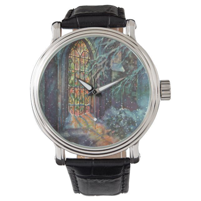Weihnachtskirche mit festgeklemmtem Glasfenster Armbanduhr (Vorderseite)