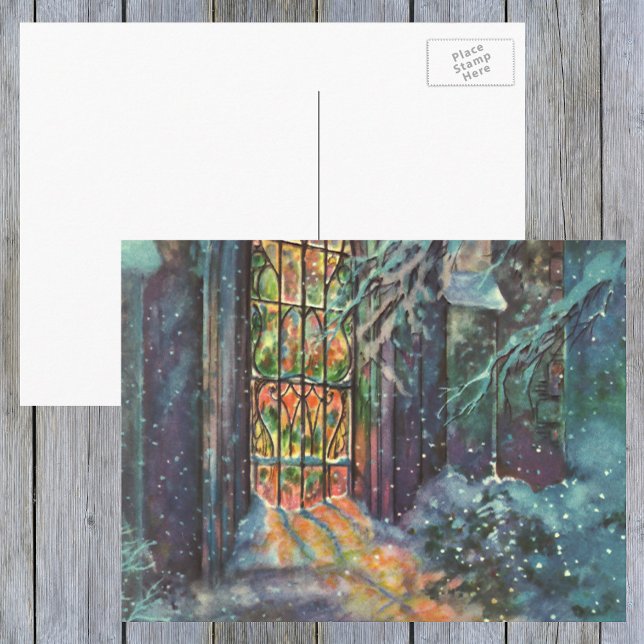 Weihnachtskirche mit festgeklemmtem Glasfenster Feiertagspostkarte (Von Creator hochgeladen)