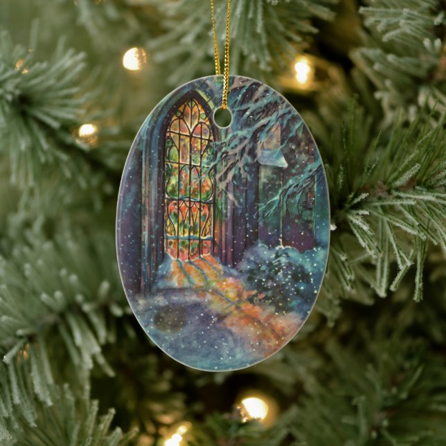 Weihnachtskirche mit festgeklemmtem Glasfenster Keramikornament (Baum)