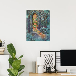 Weihnachtskirche mit festgeklemmtem Glasfenster Poster