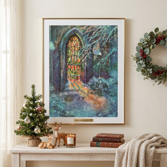 Weihnachtskirche mit festgeklemmtem Glasfenster Poster (Vintage illustration religious Christmas design featuring a church stained glass window with snow.)