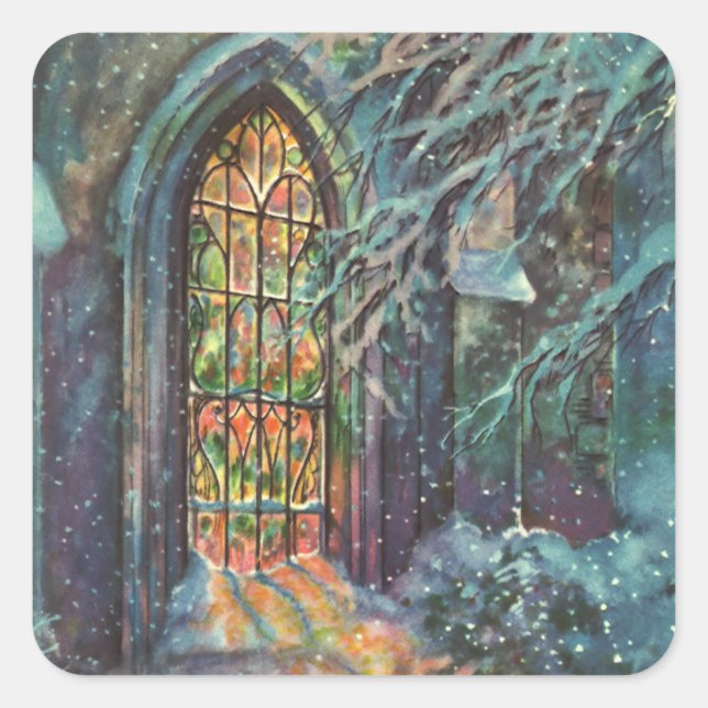 Weihnachtskirche mit festgeklemmtem Glasfenster Quadratischer Aufkleber (Vorderseite)