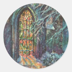 Weihnachtskirche mit festgeklemmtem Glasfenster Runder Aufkleber