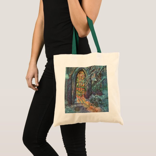 Weihnachtskirche mit festgeklemmtem Glasfenster Tragetasche (Vorderseite (Produkt))