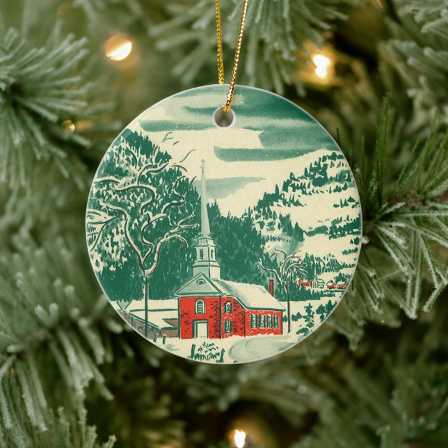 Weihnachtskirche, Schnee im Winter Keramik Ornament (Baum)