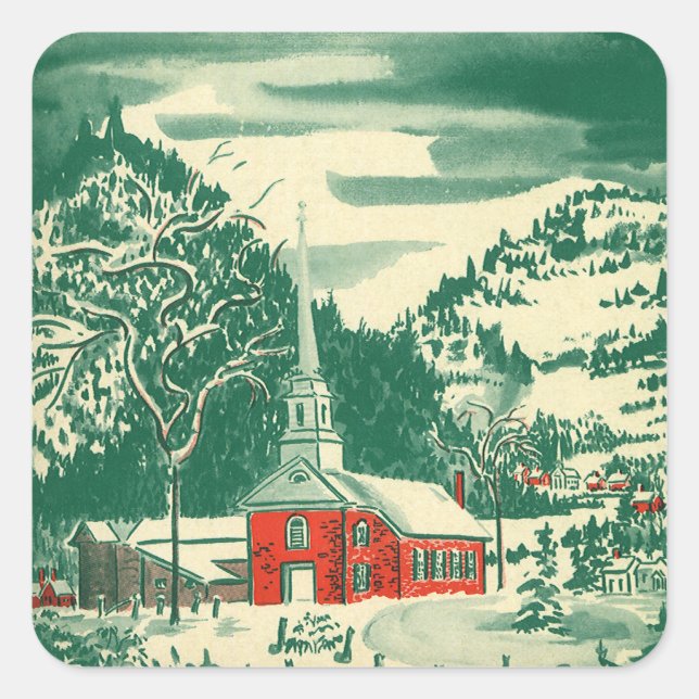 Weihnachtskirche, Schnee im Winter Quadratischer Aufkleber (Vorderseite)