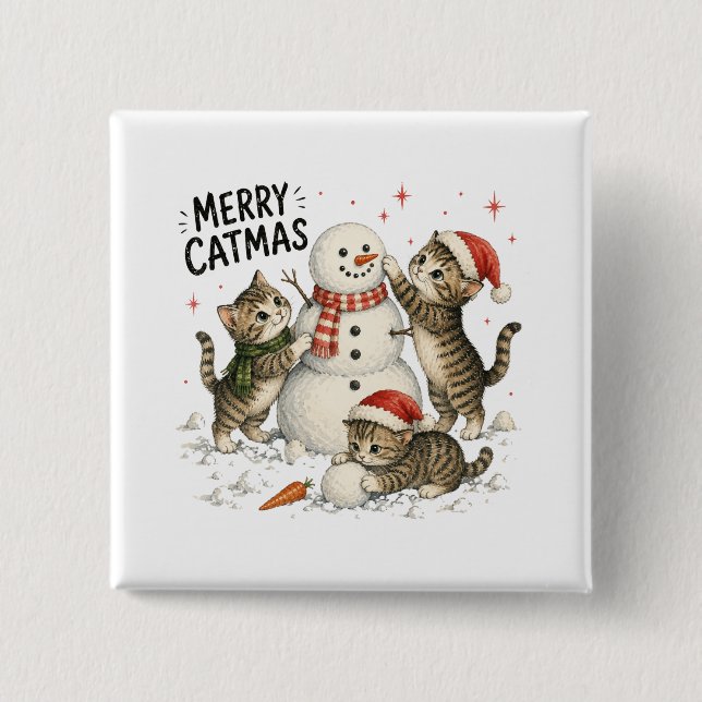 Weihnachtskitten bauen Schneemann Button (Vorderseite)