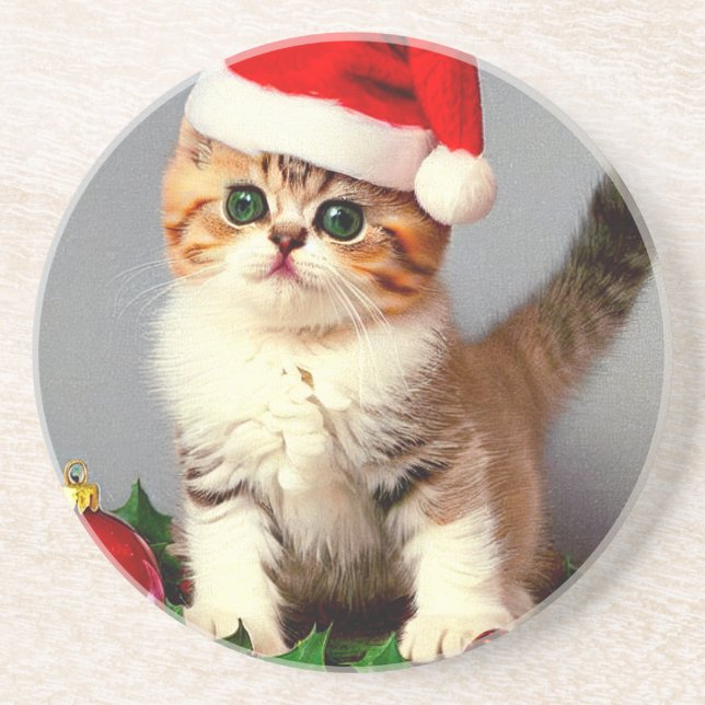 Weihnachtskitten in Weihnachtsmannmütze Getränkeuntersetzer (Vorne)