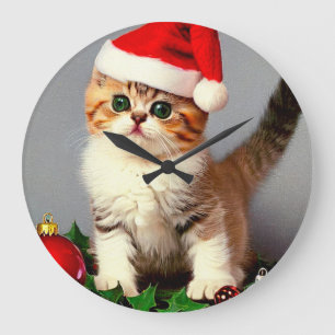Weihnachtskitten in Weihnachtsmannmütze Große Wanduhr