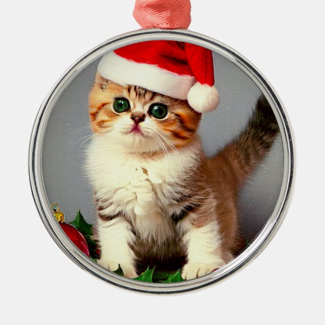 Weihnachtskitten in Weihnachtsmannmütze Ornament Aus Metall (Vorne)