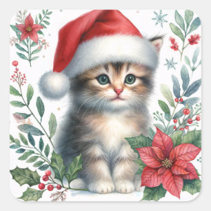 Weihnachtskitten mit Santa-Hut Quadratischer Aufkleber