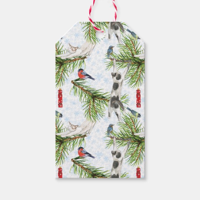 Weihnachtskitten mit Vögeln Geschenkanhänger (Vorderseite)