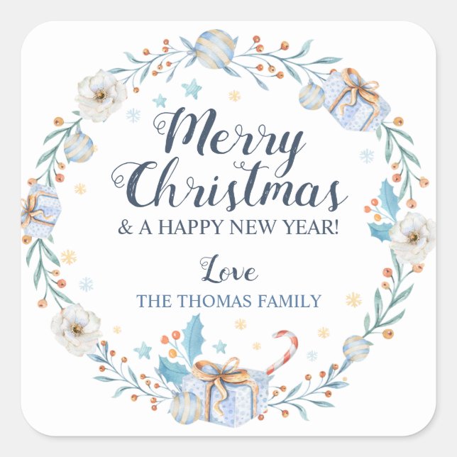 Weihnachtskleber Blue Christmas Labels Quadratischer Aufkleber (Vorderseite)