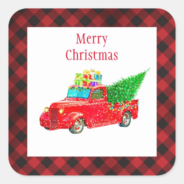 Weihnachtskleber-Red Truck Quadratischer Aufkleber (Vorderseite)