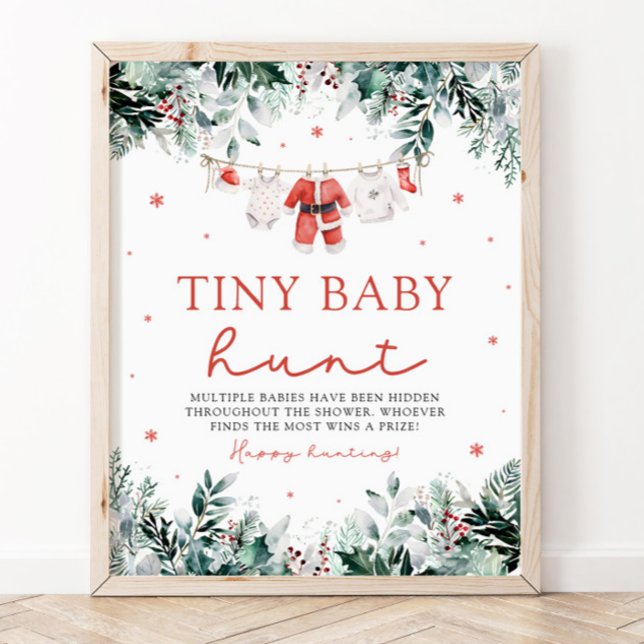 Weihnachtskleidung Kinderdusche Tiny Baby Hunt Poster (Watercolor Red Christmas Santa Clothes Baby Shower Tiny Baby Hunt Sign)