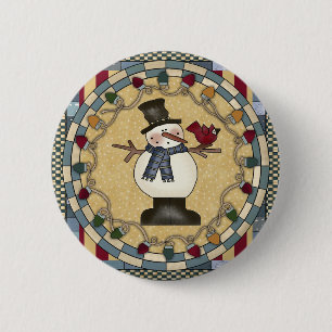 Weihnachtsknopf - Schneemann und roter Vogel Button