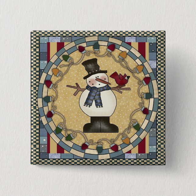 Weihnachtsknopf - Schneemann und roter Vogel Button (Vorderseite)