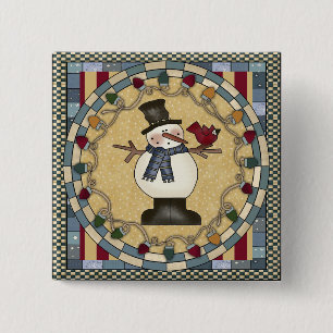 Weihnachtsknopf - Schneemann und roter Vogel Button