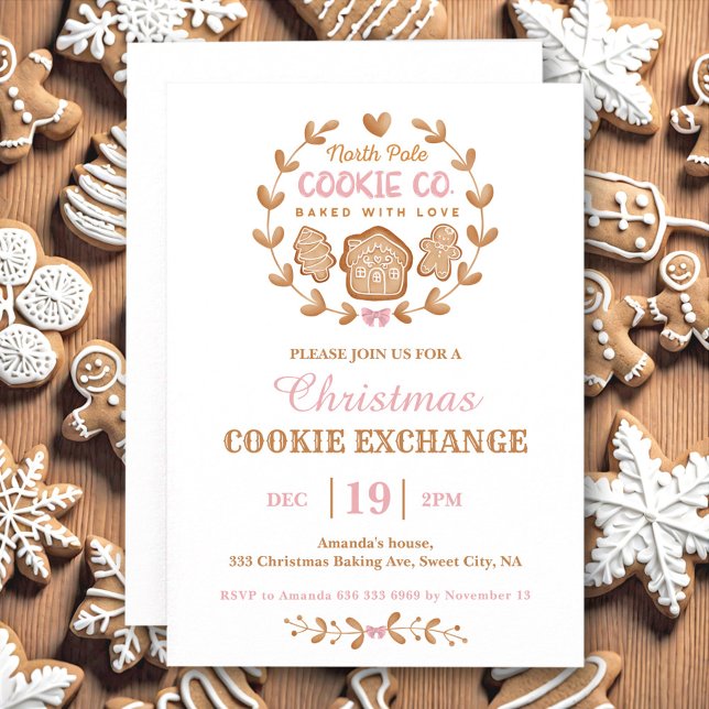 Weihnachtskochtausch Lebkuchen Rosa Einfach Einladung (Christmas Cookie Exchange Gingerbread Pink Simple Invitation)