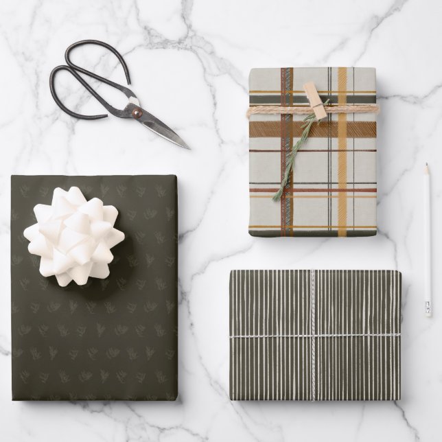 Weihnachtskollektion | Grüne Zeder, Kariert, Strei Geschenkpapier Set (Vorderseite)