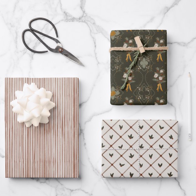 Weihnachtskollektion | Streifen, floral, Holly Wra Geschenkpapier Set (Vorderseite)