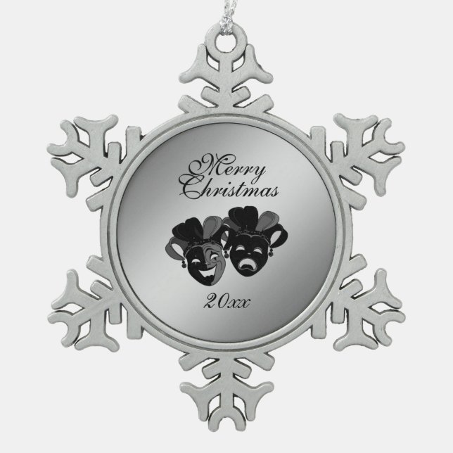 Weihnachtskomödie und die Masken des Tragedy Theat Schneeflocken Zinn-Ornament (Vorderseite)
