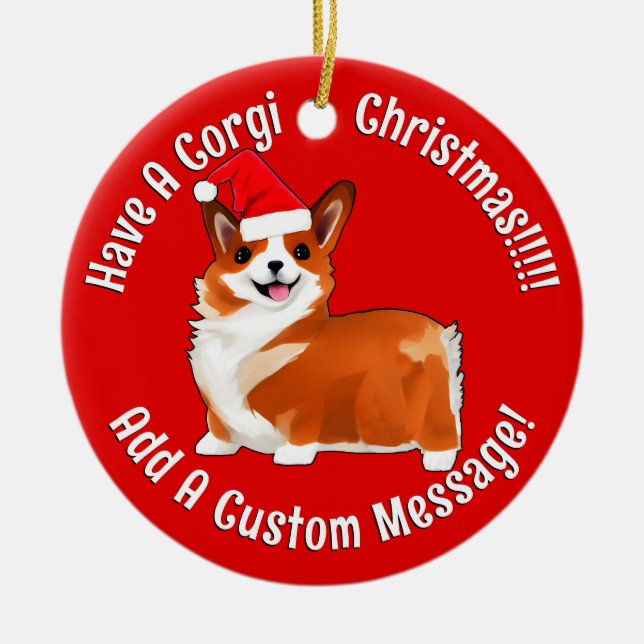 Weihnachtskorgi Hund mit Weihnachtsmannmütze Keramik Ornament (Vorne)