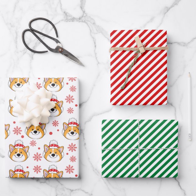Weihnachtskorgi Hund und Streifen Geschenkpapier Set (Vorderseite)