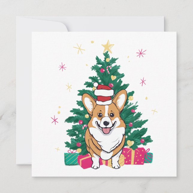 Weihnachtskorgi Hund und Weihnachtsbaum Feiertagskarte (Vorderseite)