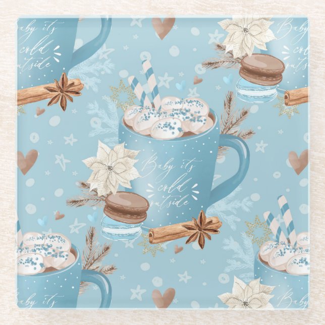 Weihnachtskost & Kakao & Schneeflocken Glasuntersetzer (Vorderseite)