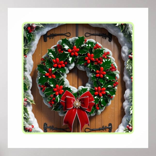 Weihnachtskranz an der Holztür Poster (Vorne)
