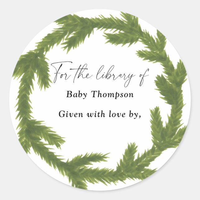 Weihnachtskranz - Baby Shower Exlibris Runder Aufkleber (Vorderseite)