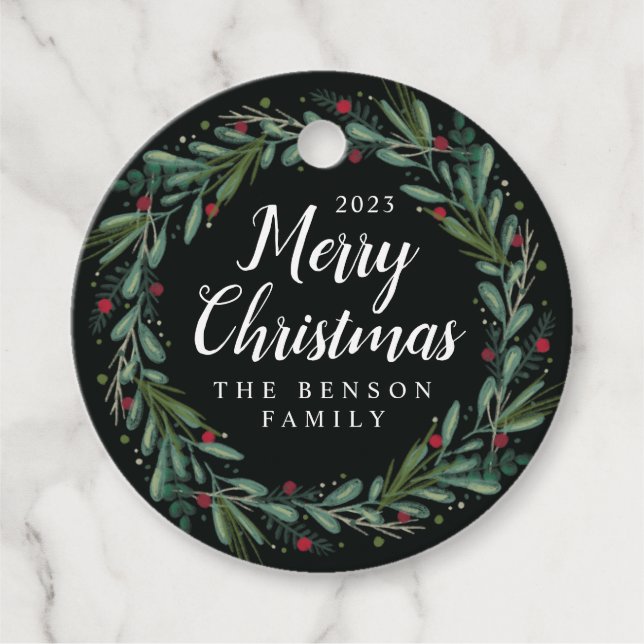Weihnachtskranz Blätter Berries Runde Geschenkanhänger (Vorderseite)